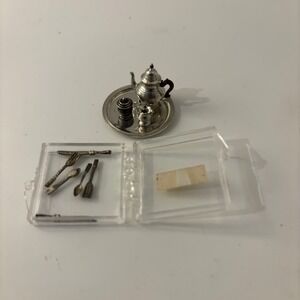 VTG Stieff Pewter Dollhouse Williamsburg Tea Set & Chrysnbon Flatware 1:12